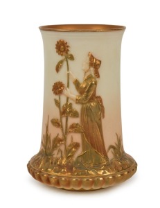 ROYAL WORCESTER antique English porcelain vase with embossed, gilt and figural decoration, 19th/20th century, puce factory mark to base, 13cm high