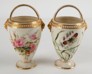 ROYAL WORCESTER pair of antique English porcelain basket vases with butterflies and flowers, 19th century, impressed factory mark to bases, 12.5cm high