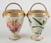 ROYAL WORCESTER pair of antique English porcelain basket vases with butterflies and flowers, 19th century, impressed factory mark to bases, 12.5cm high - 2