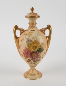 ROYAL WORCESTER antique English porcelain mantle urn with lid and floral decoration, 19th century, puce factory mark to bases, 27cm high