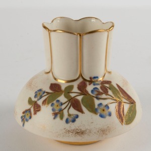 ROYAL WORCESTER squat antique English porcelain vase with floral decoration and gilded highlights, 19th century, puce factory mark to bases, 8cm high, 9cm wide