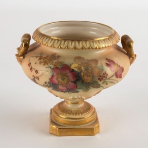 ROYAL WORCESTER antique English porcelain miniature urn with floral decoration and gilded highlights, 19th century, puce factory mark to bases, 9cm high, 9.5cm wide