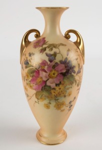 ROYAL WORCESTER antique English porcelain vase with hand-painted with floral sprays decoration and gilded handles, early 20th century, green factory mark to bases, 20cm high
