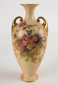 ROYAL WORCESTER antique English porcelain vase with hand-painted with floral sprays decoration and gilded handles, early 20th century, green factory mark to bases, 20cm high 