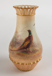 GRAINGER & Co. WORCESTER antique English porcelain pheasant vase with pierced gallery, 19th century, brown factory mark to base, 13.5cm high