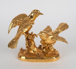 CROWN STAFFORDSHIRE English gilt porcelain bird figural group, 20th century, green factory mark to base,