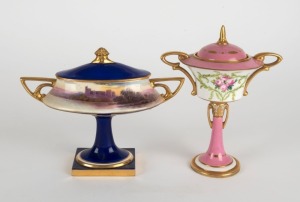 MINTONS English blue and gilt porcelain stem bowl and cover with hand-painted castle scene, together with a MINTONS pink and gilt porcelain stem bowl with hand-painted floral swags, early 20th century, pink factory marks to the bases, 13cm and 15cm high