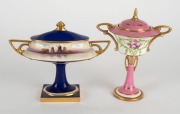 MINTONS&nbsp;English blue and gilt porcelain stem bowl and cover with hand-painted castle scene, together with a MINTONS pink and gilt porcelain stem bowl with hand-painted floral swags, early 20th century, pink factory marks to the bases, 13cm and 15cm high - 2