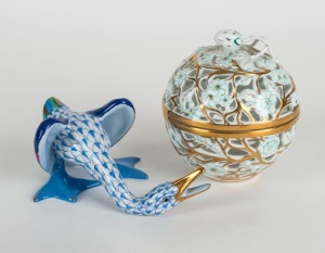 HEREND Hungarian porcelain goose, together with a pierced HEREND porcelain box, 20th century, factory marks to the bases, the box10cm high
