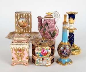 Six assorted pieces of antique porcelain including a COALPORT tea caddy, CROWN STAFFORDSHIRE match box holder, SEVRES miniature ewer, CROWN STAFFORDSHIRE inkwell, Continental porcelain candlestick, and a pink floral pounce pot, 18th and 19th century, the largest 15cm high