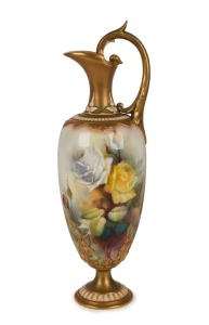 ROYAL WORCESTER antique English porcelain ewer with hand-painted yellow and white roses, signed "R. AUSTIN", circa 1912, green factory mark to base, ​​​​​​​30cm high