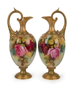 ROYAL WORCESTER pair of antique English porcelain ewers with hand-painted rose decoration, signed "F.J. BRAY", circa 1901, green and puce factory marks to bases, ​​​​​​​25.5cm high