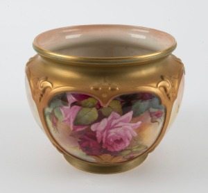 ROYAL WORCESTER antique English porcelain jardiniere with hand-painted rose decoration, circa 1918, green factory mark to base, 13.5cm high, 17cm wide