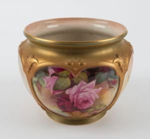 ROYAL WORCESTER antique English porcelain jardiniere with hand-painted rose decoration, circa 1918, green factory mark to base, ​​​​​​​13.5cm high, 17cm wide