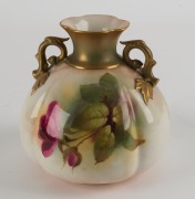 ROYAL WORCESTER English porcelain two handled vase with hand-painted rose decoration, signed J. FLAXMAN", early 20th century, green factory mark to base, ​​​​​​​13.5cm high, - 2