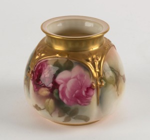 ROYAL WORCESTER English porcelain vase with hand-painted rose decoration, early 20th century, puce factory mark to base, 8cm high, 8.5cm wide