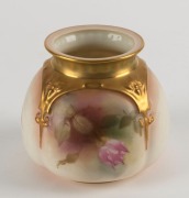 ROYAL WORCESTER English porcelain vase with hand-painted rose decoration, early 20th century, puce factory mark to base, 8cm high, 8.5cm wide - 2