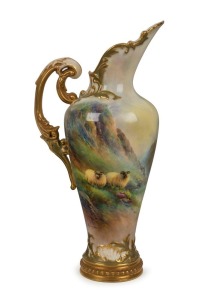 ROYAL WORCESTER antique English porcelain ewer decorated with hand-painted scene of sheep in highland landscape, signed "HARRY DAVIS", circa 1914, puce factory mark to base, 23cm high