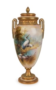 ROYAL WORCESTER antique English porcelain lidded urn decorated with hand-painted scene of cranes in landscape, signed "A. LEWIS", circa 1903, puce factory mark to base, 22.5cm high