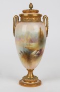 ROYAL WORCESTER antique English porcelain lidded urn decorated with hand-painted scene of cranes in landscape, signed "A. LEWIS", circa 1903, puce factory mark to base, 22.5cm high - 2
