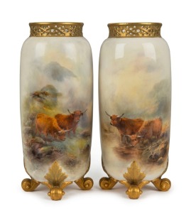 ROYAL WORCESTER pair of English porcelain vases with pierced rims and decorated with hand-painted scene of highland cattle in landscape, signed "H. STINTON", circa 1927, green factory mark to base, 22.5cm high