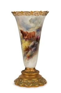 ROYAL WORCESTER elegant English porcelain vase decorated with hand-painted scene of highland cattle in landscape, signed "H. STINTON", circa 1912, puce factory mark to base, 16.5cm high