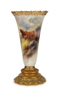 ROYAL WORCESTER elegant English porcelain vase&nbsp;decorated with hand-painted scene of highland cattle in landscape, signed "H. STINTON", circa 1912, puce factory mark to base, 16.5cm high