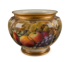 ROYAL WORCESTER impressive English porcelain jardiniere with hand-painted fruit, signed "RICKETTS", circa 1925, puce factory mark to base, 20cm high, 25cm wide