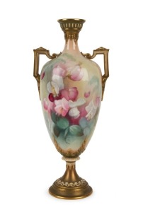 ROYAL WORCESTER antique English porcelain urn with hand-painted sweet peas, signed "A. SCHUCK", circa 1908, green factory mark to base, 35.5cm high