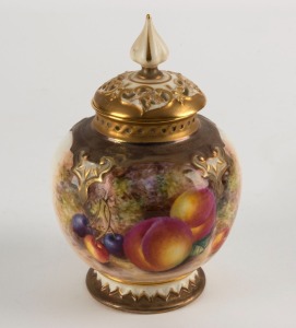 ROYAL WORCESTER English porcelain potpourri vase with hand-painted fruit, signed "FREEMAN", mid 20th century, black factory mark to base, 13.5cm high