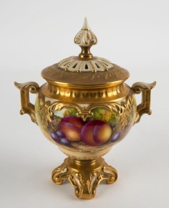 ROYAL WORCESTER English porcelain potpourri urn, with hand-painted fruit decoration, signed "H. AYRTON", early 20th century, puce factory mark to base, 18cm high