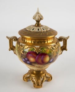 ROYAL WORCESTER English porcelain potpourri urn, with hand-painted fruit decoration, signed "H. AYRTON", early 20th century, puce factory mark to base, 18cm high