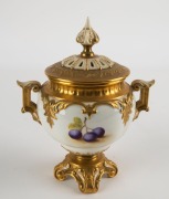 ROYAL WORCESTER English porcelain potpourri urn,&nbsp;with hand-painted fruit decoration, signed "H. AYRTON", early 20th century, puce factory mark to base, 18cm high - 2