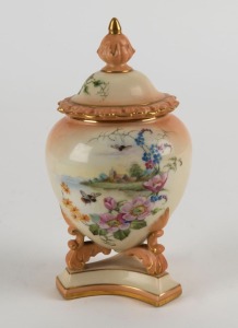 LOCKE & Co. WORCESTER antique English porcelain urn with hand-painted country scene, bees and flowers, 19th century, black factory mark to base, ​​​​​​​16cm high