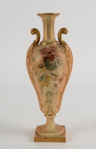 ROYAL WORCESTER antique English porcelain vase with hand-painted floral decoration and gilded highlights, 19th century, puce factory mark to base, 25.5cm high