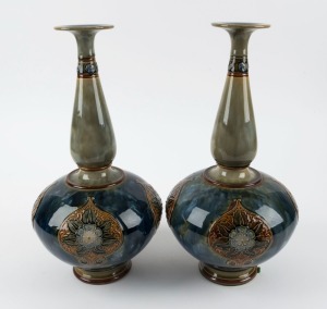 ROYAL DOULTON pair of antique English blue and celadon green stone ware vases, impressed factory marks to bases, 39.5cm high