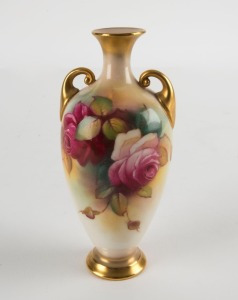 ROYAL WORCESTER English porcelain two handled vase with hand-painted rose decoration, signed "M. HUNT", puce factory mark to base, 13.5cm high