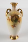 ROYAL WORCESTER English porcelain two handled vase with hand-painted rose decoration, signed "M. HUNT", puce factory mark to base, ​​​​​​​13.5cm high - 2