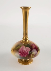 ROYAL WORCESTER English porcelain vase with hand-painted rose decoration, signed "E.M. FIELDS", puce factory mark to base, ​​​​​​​18.5cm high