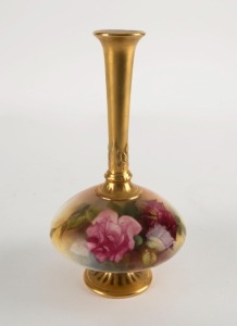 ROYAL WORCESTER English porcelain vase with hand-painted rose decoration, signed "E.M. FIELDS", puce factory mark to base, 18.5cm high