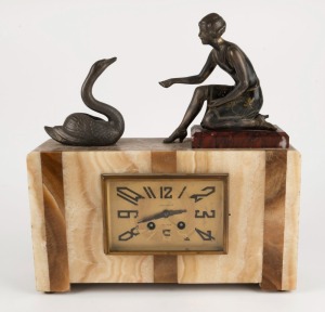 A French Art Deco figural mantle clock with onyx and marble case and patinated cast metal figures, circa 1930, 37cm high, 34cm wide