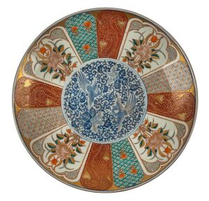 A fine antique Japanese Imari porcelain charger decorated with two blue phoenix, Edo period, circa 1840, ​​​​​​​46cm diameter