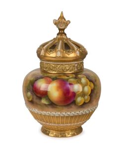 ROYAL WORCESTER English porcelain potpourri vase, with hand-painted fruit decoration, signed "E. TOWNSEND", early 20th century, puce factory mark to base, 21cm high