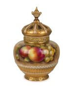 ROYAL WORCESTER English porcelain potpourri vase,&nbsp;with hand-painted fruit decoration, signed "E. TOWNSEND", early 20th century, puce factory mark to base, 21cm high