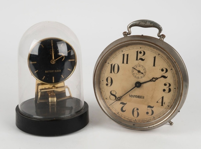 A battery powered dome clock, together with a vintage PARKER MAMMOTH nickel plated alarm clock, 20th century, (2 items), ​​​​​​​the larger 19cm high