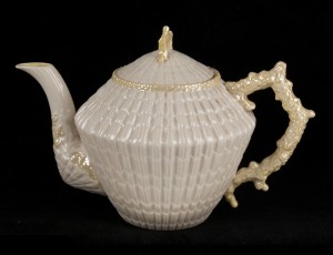 BELLEEK antique Irish porcelain teapot, black factory stamp to base, 17cm high, 25cm wide