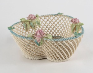 BELLEEK antique Irish pierced porcelain dish with applied flowers and shamrocks, impressed factory mark to base, 6cm high, 13cm wide