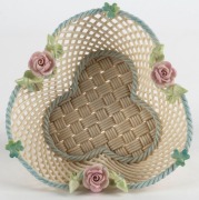 BELLEEK antique Irish pierced porcelain dish with applied flowers and shamrocks, impressed factory mark to base, ​​​​​​​6cm high, 13cm wide - 2