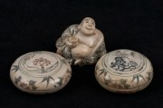 Japanese carved ivory netsuke, together with a pair of Japanese ivory circular trinket boxes, Meiji period, 20th century, (3 items), the boxes 5cm diameter