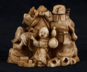 An impressive Japanese carved ivory netsuke figural group, Meiji period, two character seal mark to base, ​​​​​​​5cm high, 6.2cm wide - 2